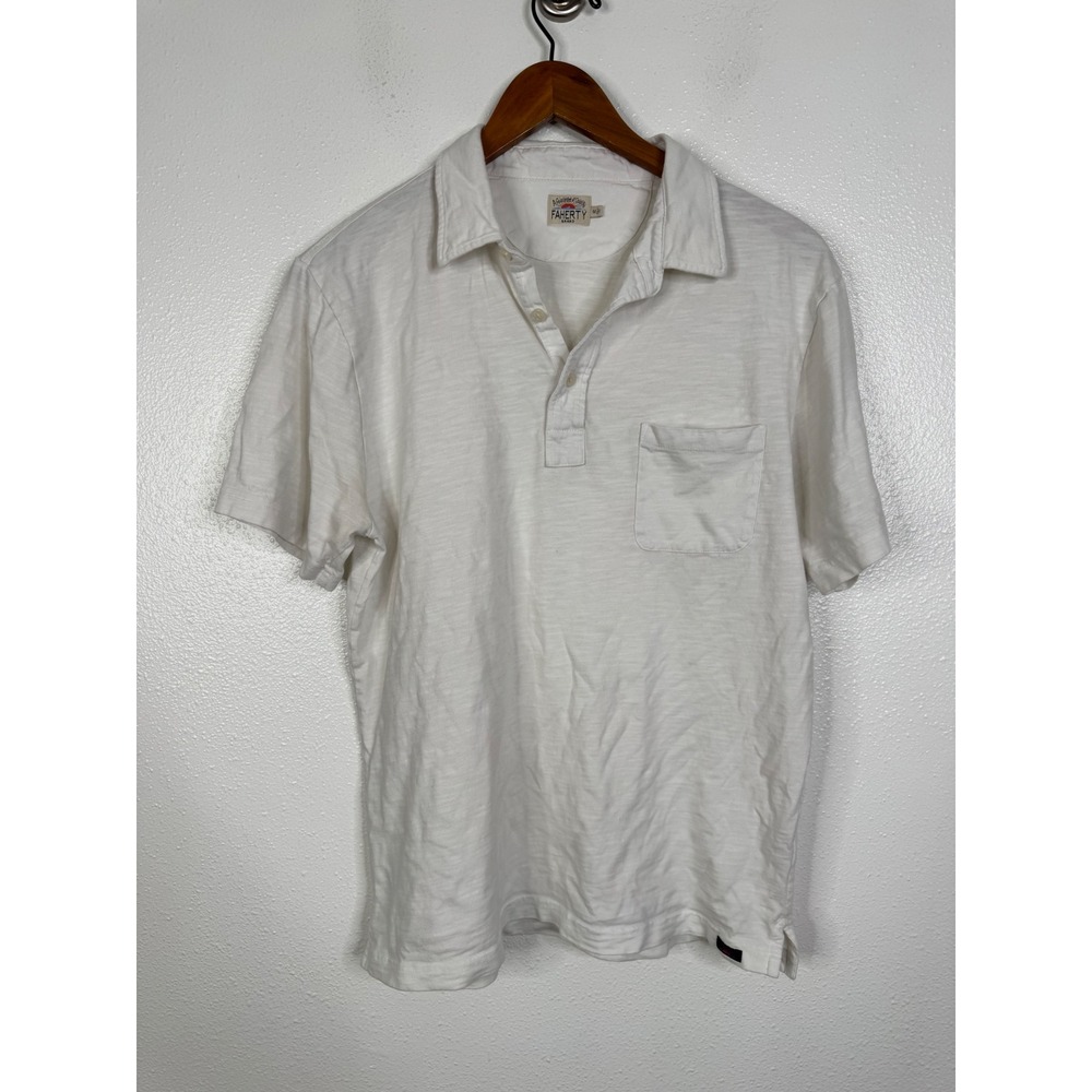 Faherty Brand Men White Slub Cotton Short Sleeve Pocket Polo Shirt Size M